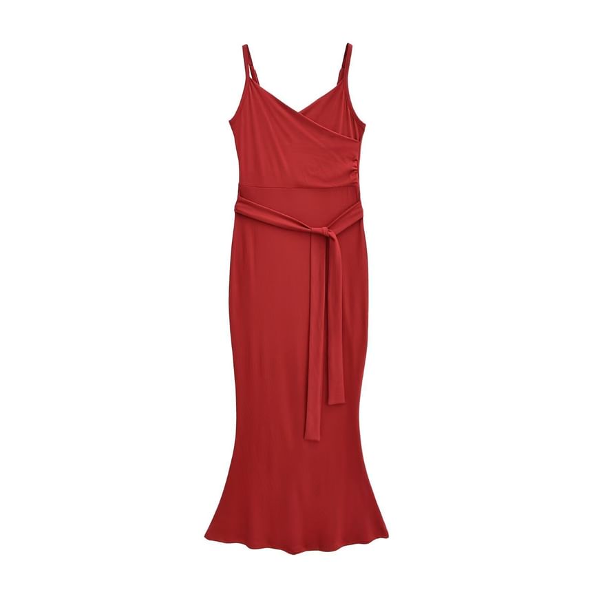 Spaghetti Strap V-Neck Plain Wrap Maxi Bodycon Dress