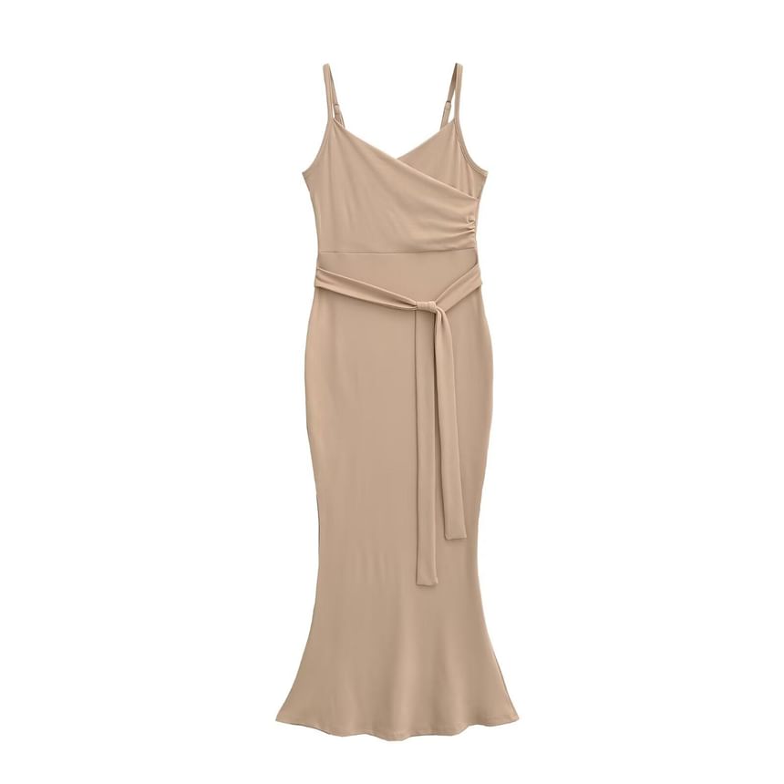 Spaghetti Strap V-Neck Plain Wrap Maxi Bodycon Dress