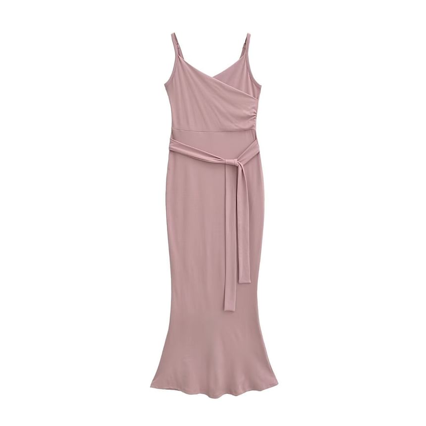 Spaghetti Strap V-Neck Plain Wrap Maxi Bodycon Dress