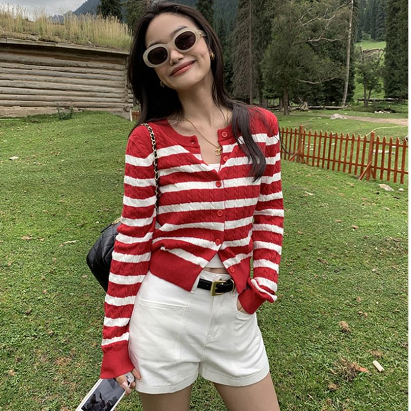 Round Neck Striped Button Up Cardigan