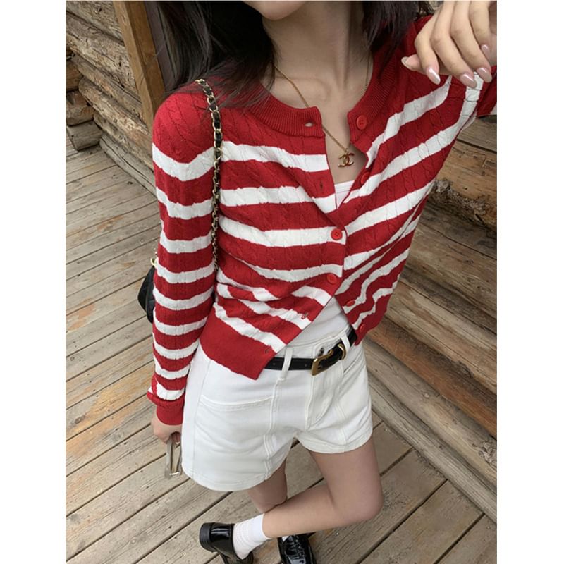 Round Neck Striped Button Up Cardigan