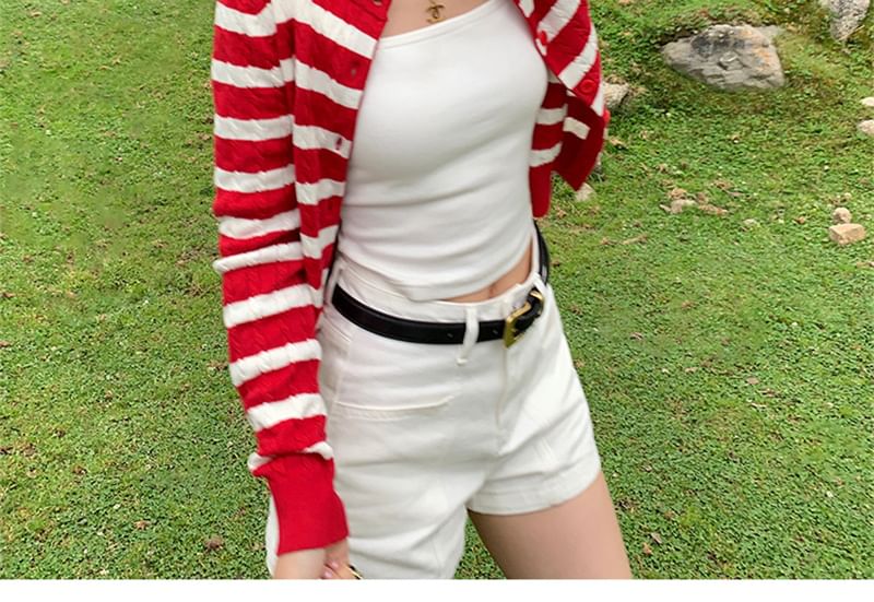 Round Neck Striped Button Up Cardigan