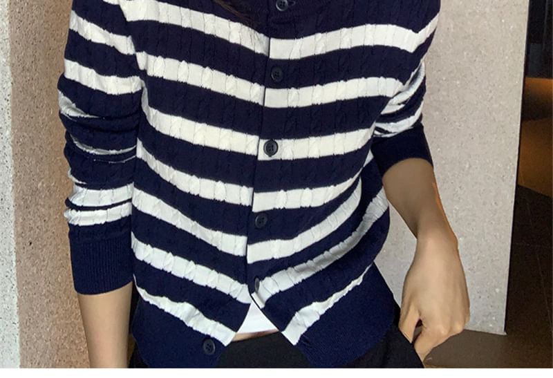 Round Neck Striped Button Up Cardigan