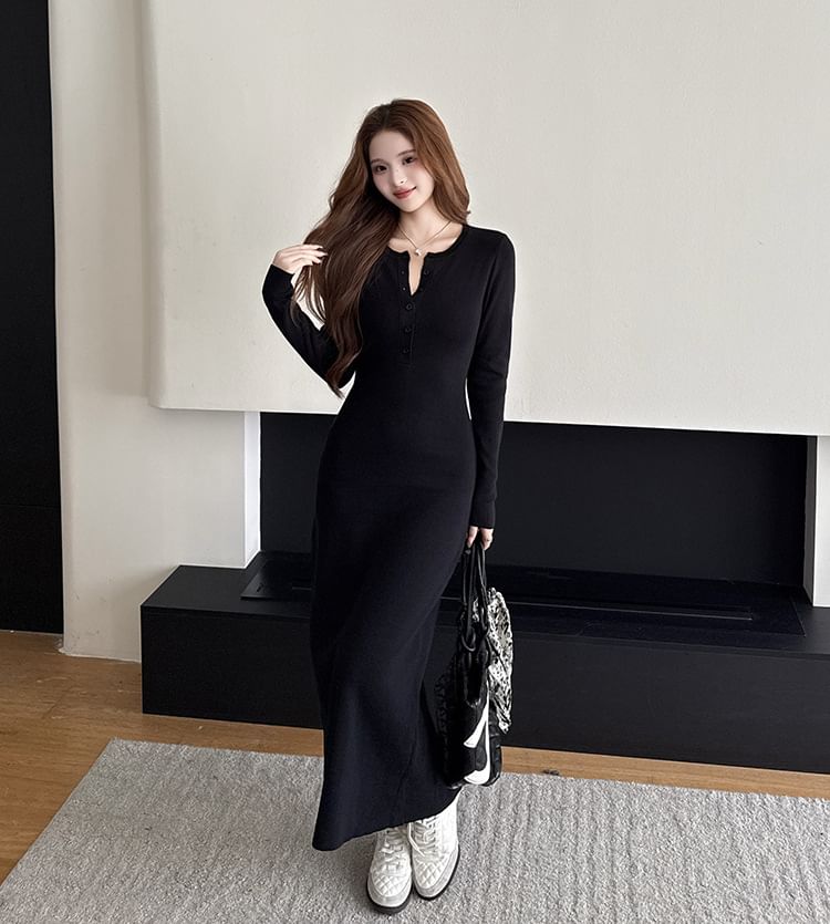 Long-Sleeve Crew Neck Half-Buttoned Plain Maxi Sheath Knit Dress
