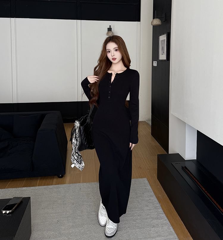Long-Sleeve Crew Neck Half-Buttoned Plain Maxi Sheath Knit Dress