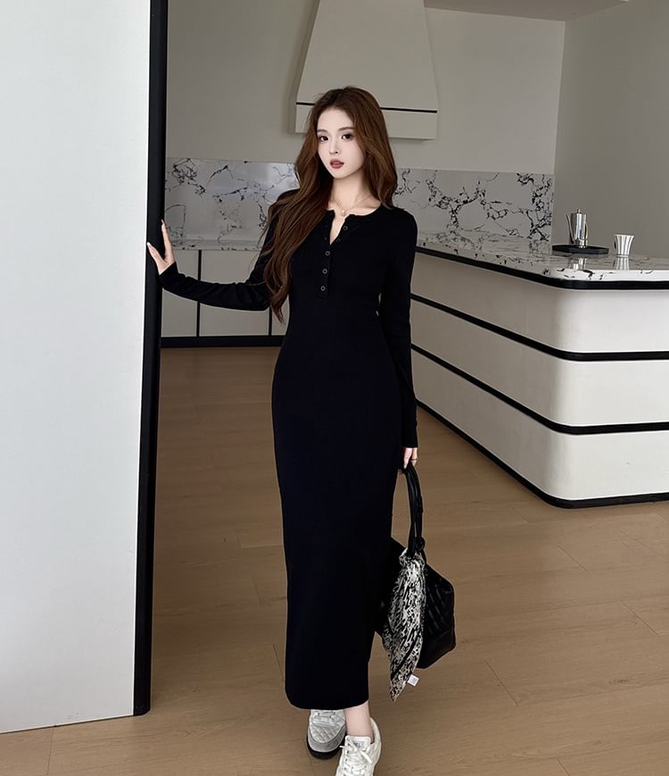 Long-Sleeve Crew Neck Half-Buttoned Plain Maxi Sheath Knit Dress