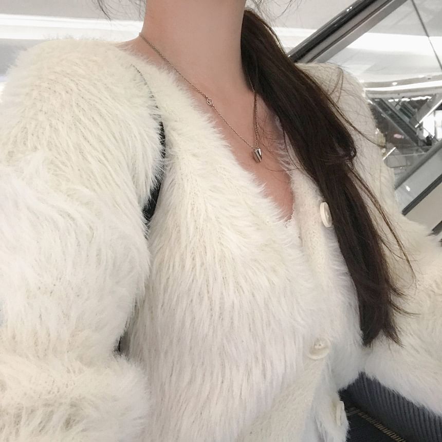 V-Neck Fluffy Button-Up Plain Crop Cardigan