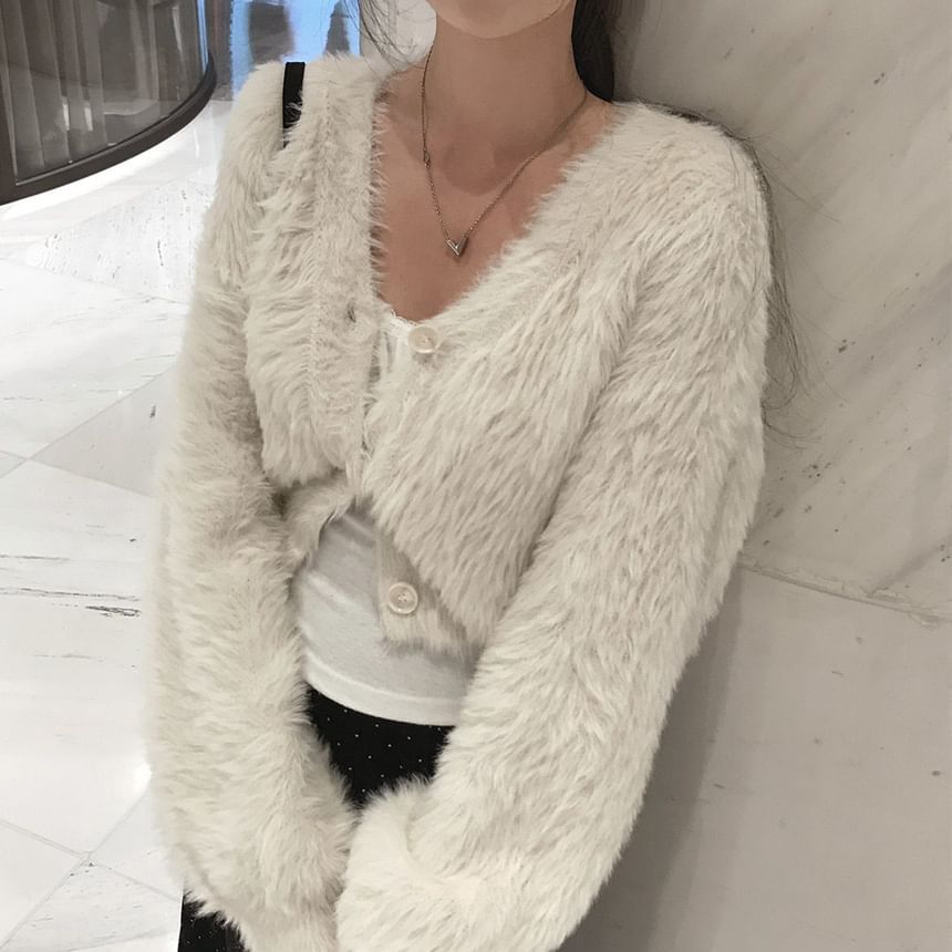 V-Neck Fluffy Button-Up Plain Crop Cardigan