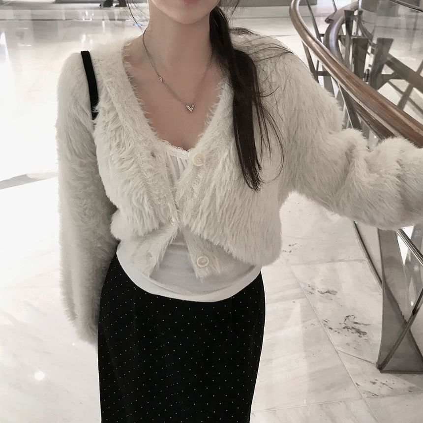 V-Neck Fluffy Button-Up Plain Crop Cardigan