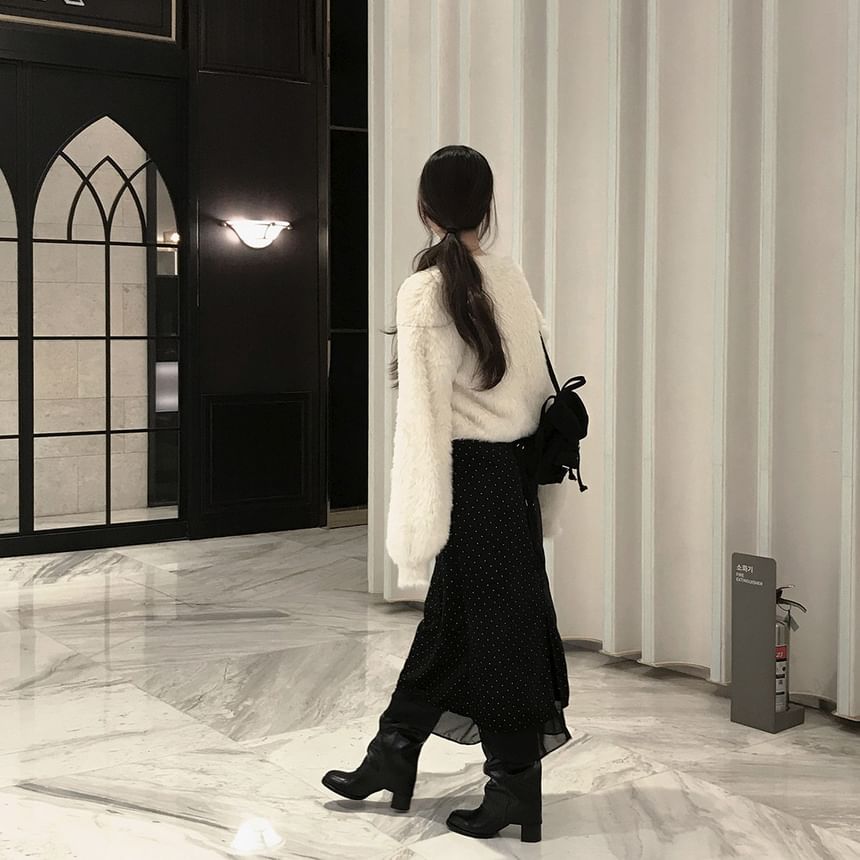 V-Neck Fluffy Button-Up Plain Crop Cardigan