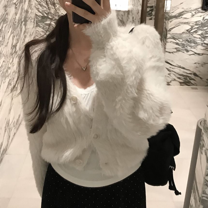 V-Neck Fluffy Button-Up Plain Crop Cardigan
