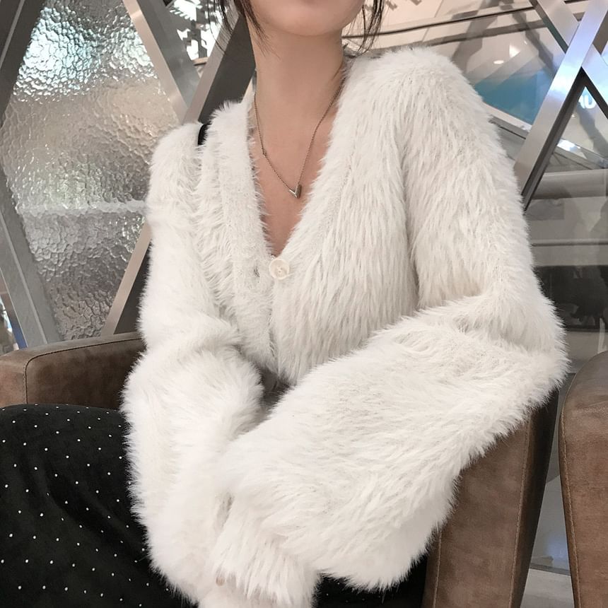 V-Neck Fluffy Button-Up Plain Crop Cardigan