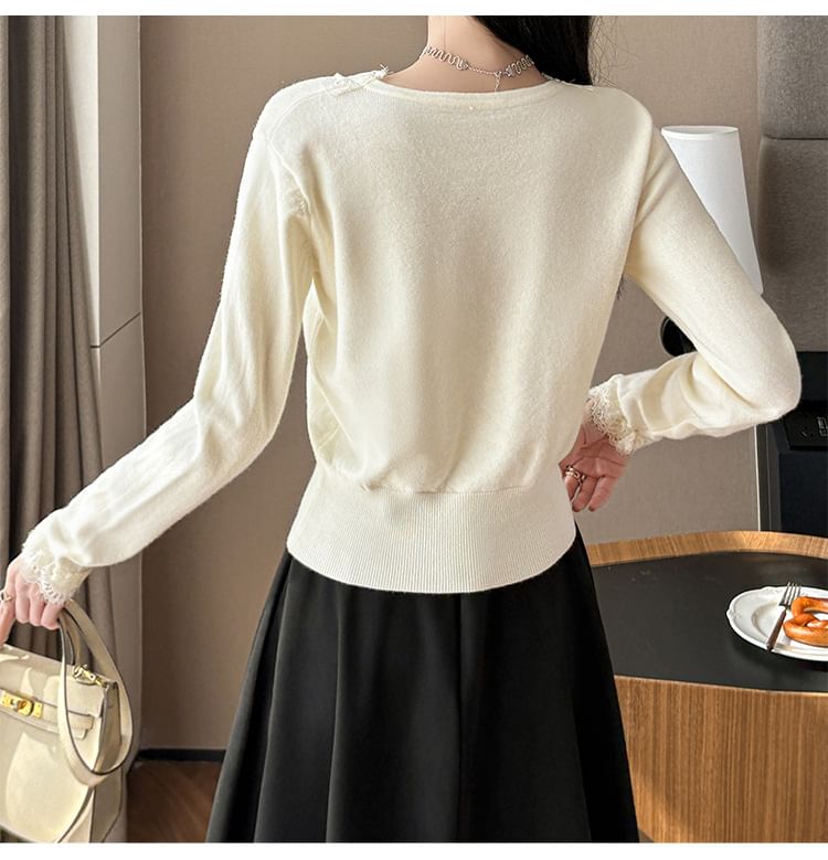 V-Neck Lace Panel Button-Up Plain Crop Cardigan