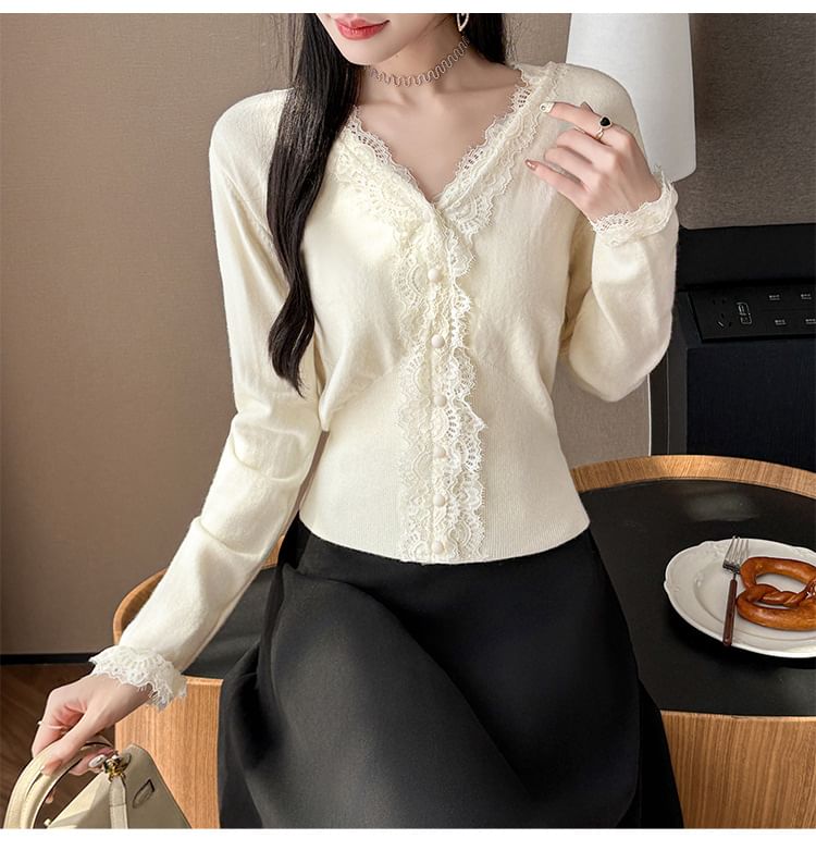 V-Neck Lace Panel Button-Up Plain Crop Cardigan