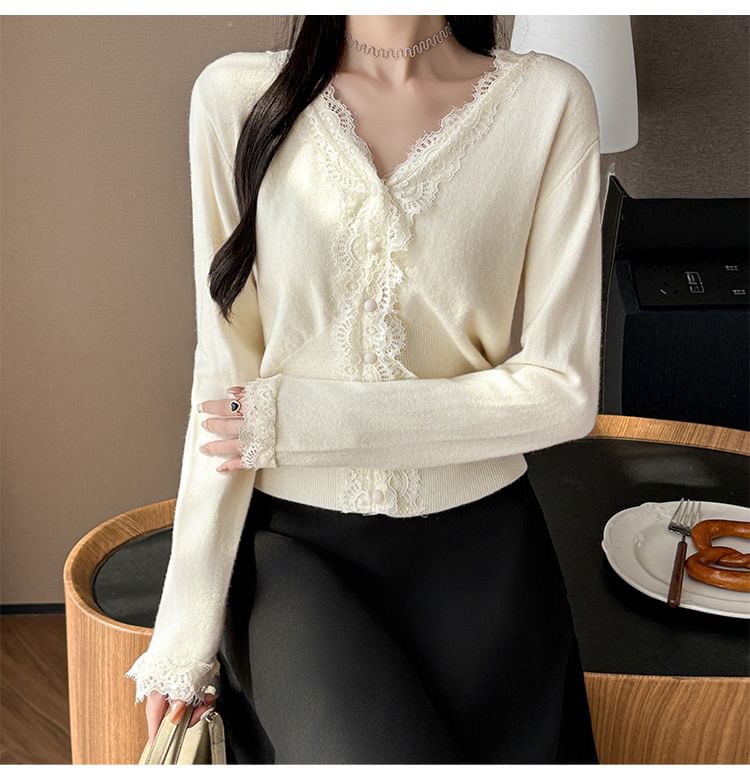 V-Neck Lace Panel Button-Up Plain Crop Cardigan