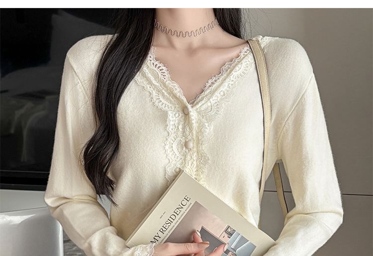 V-Neck Lace Panel Button-Up Plain Crop Cardigan