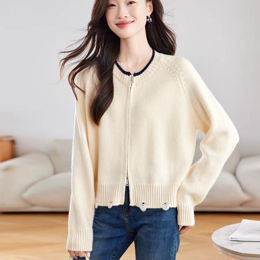 Crew Neck Contrast Trim Distressed Zip-Up Cardigan