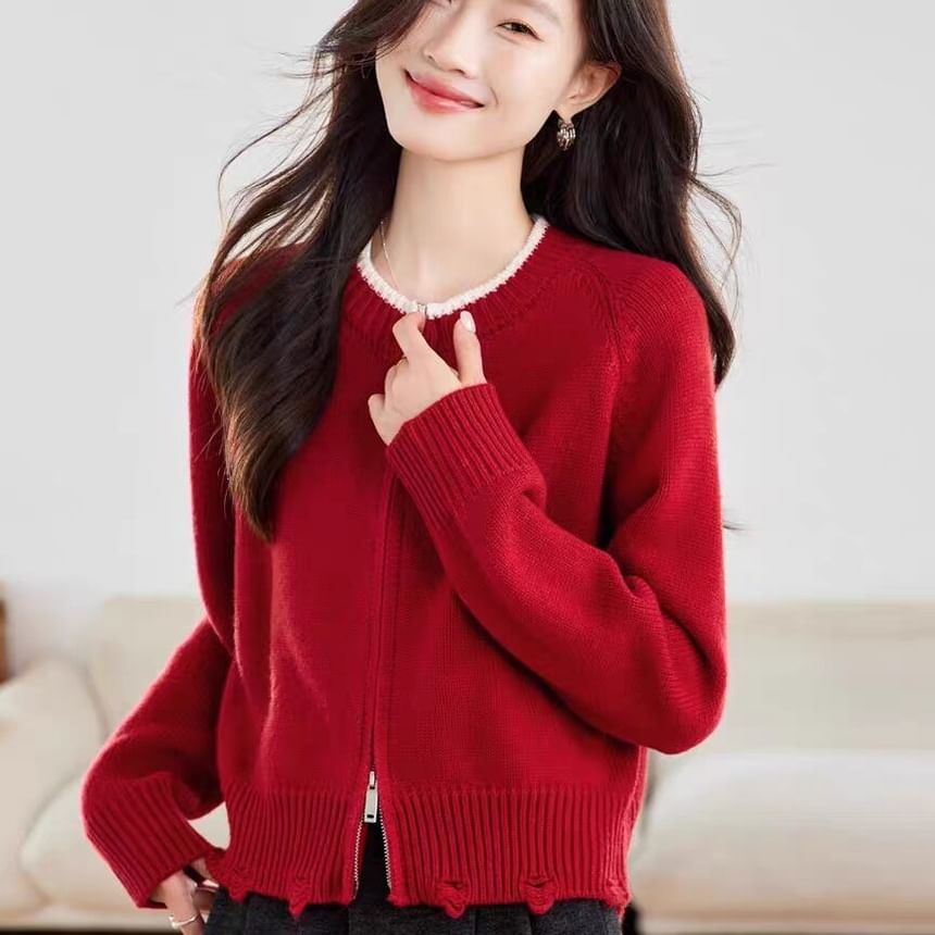 Crew Neck Contrast Trim Distressed Zip-Up Cardigan