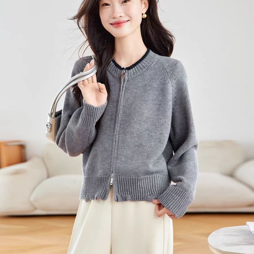 Crew Neck Contrast Trim Distressed Zip-Up Cardigan