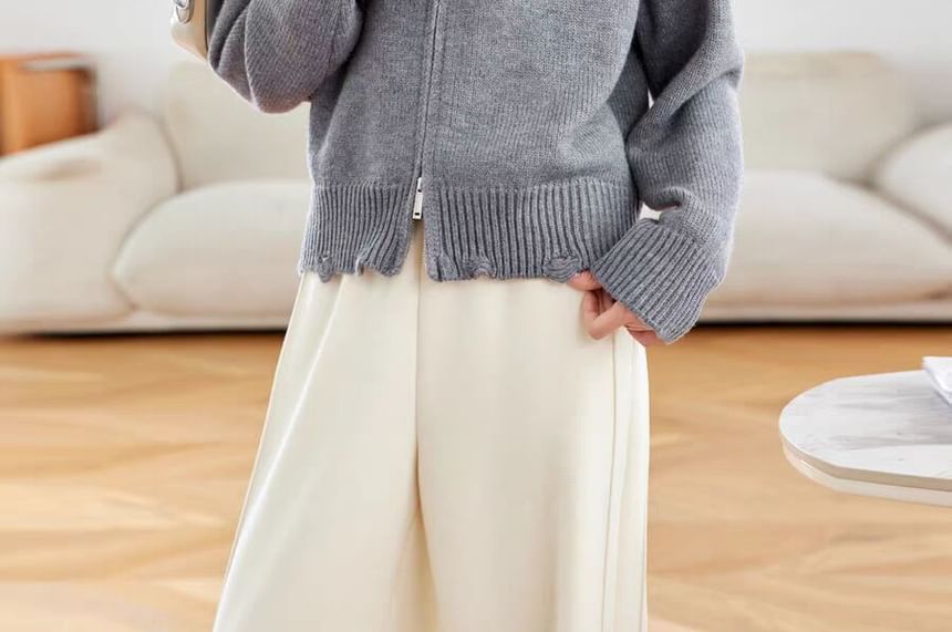 Crew Neck Contrast Trim Distressed Zip-Up Cardigan