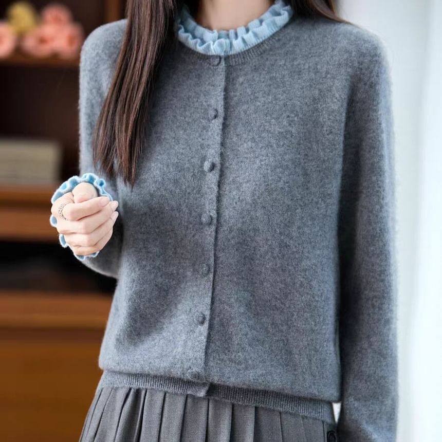 Crew Neck Contrast Frill Trim Button-Up Cardigan