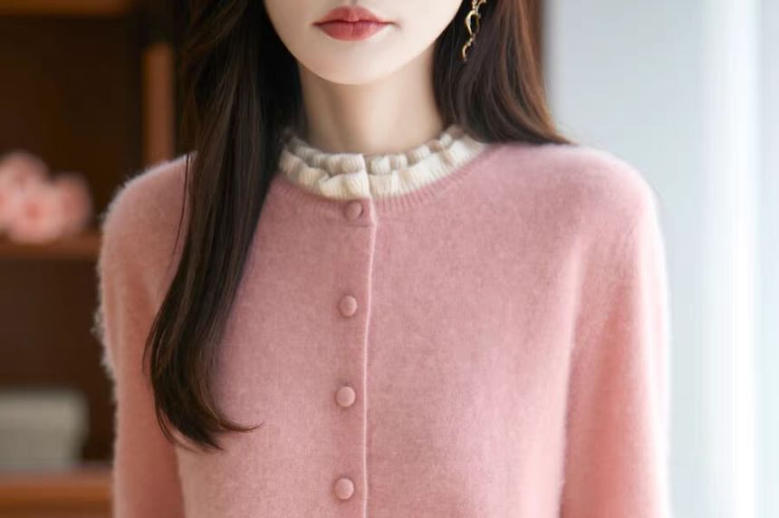 Crew Neck Contrast Frill Trim Button-Up Cardigan