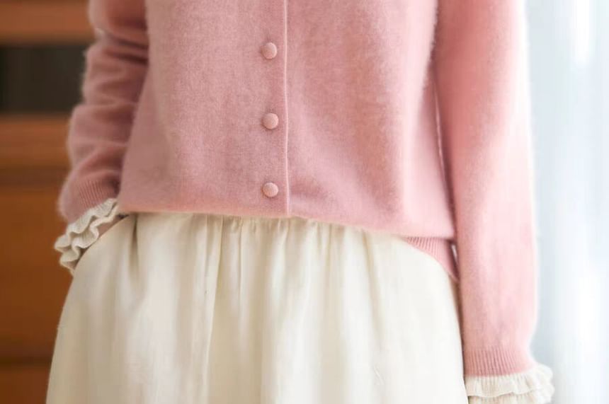 Crew Neck Contrast Frill Trim Button-Up Cardigan