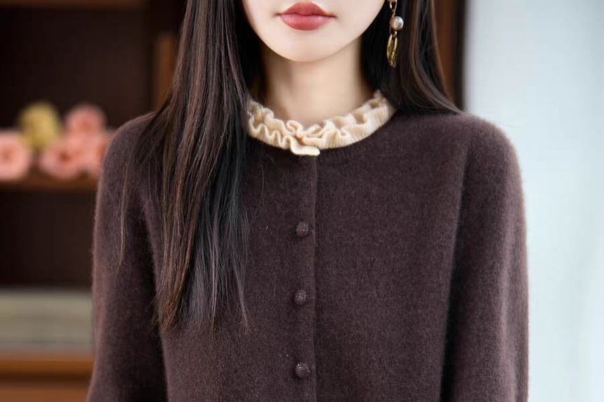 Crew Neck Contrast Frill Trim Button-Up Cardigan