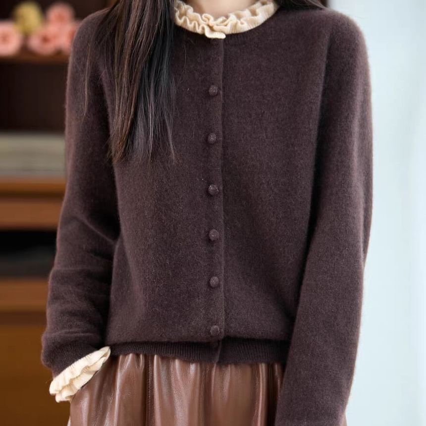 Crew Neck Contrast Frill Trim Button-Up Cardigan