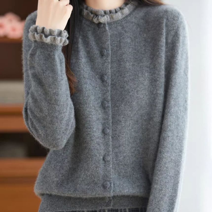 Crew Neck Contrast Frill Trim Button-Up Cardigan