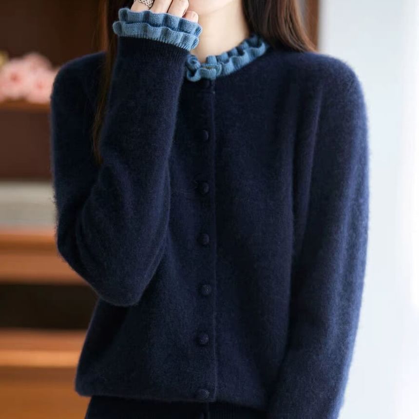 Crew Neck Contrast Frill Trim Button-Up Cardigan