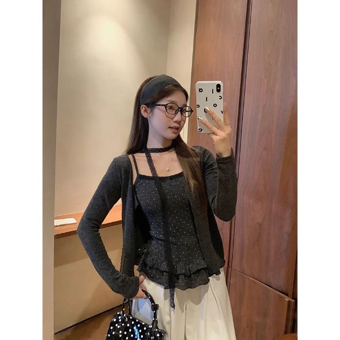 Set: Plain Button-Up Crop Cardigan + Micro Dot Lace Trim Ruffle Hem Camisole Top