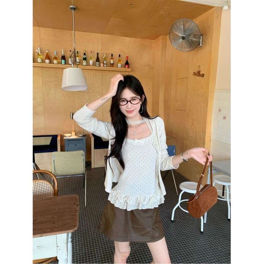Set: Plain Button-Up Crop Cardigan + Micro Dot Lace Trim Ruffle Hem Camisole Top