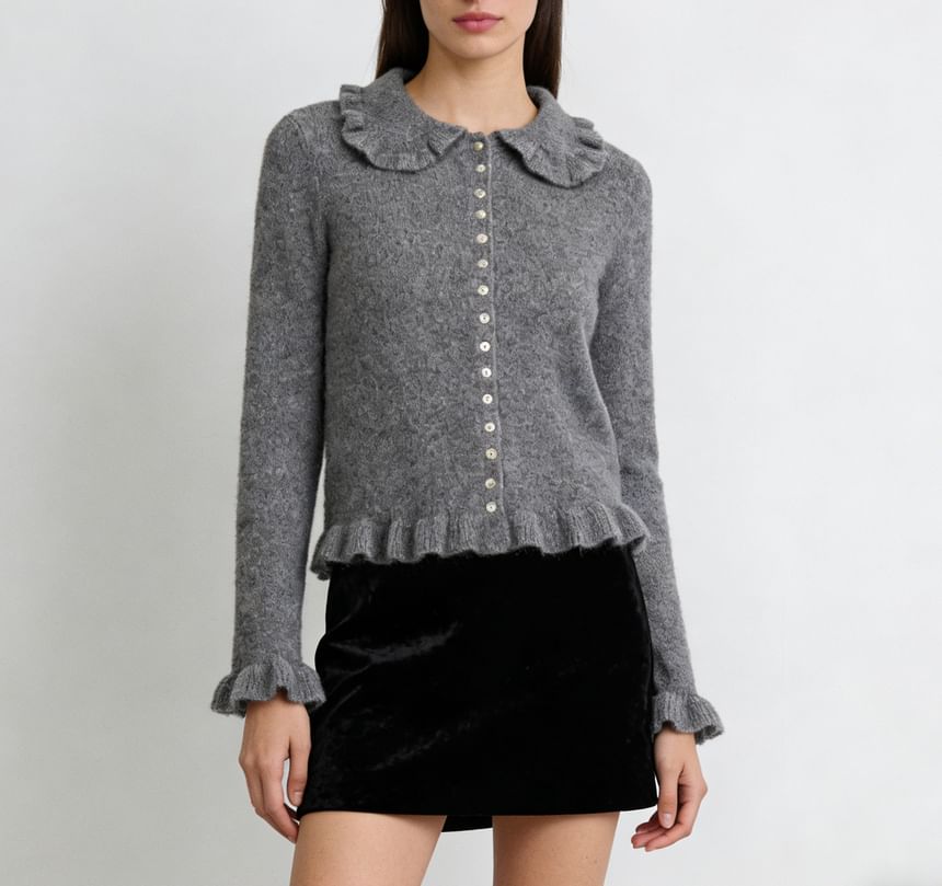 Long Sleeve Peter Pan Collar Plain Ruffled-Trim Cardigan