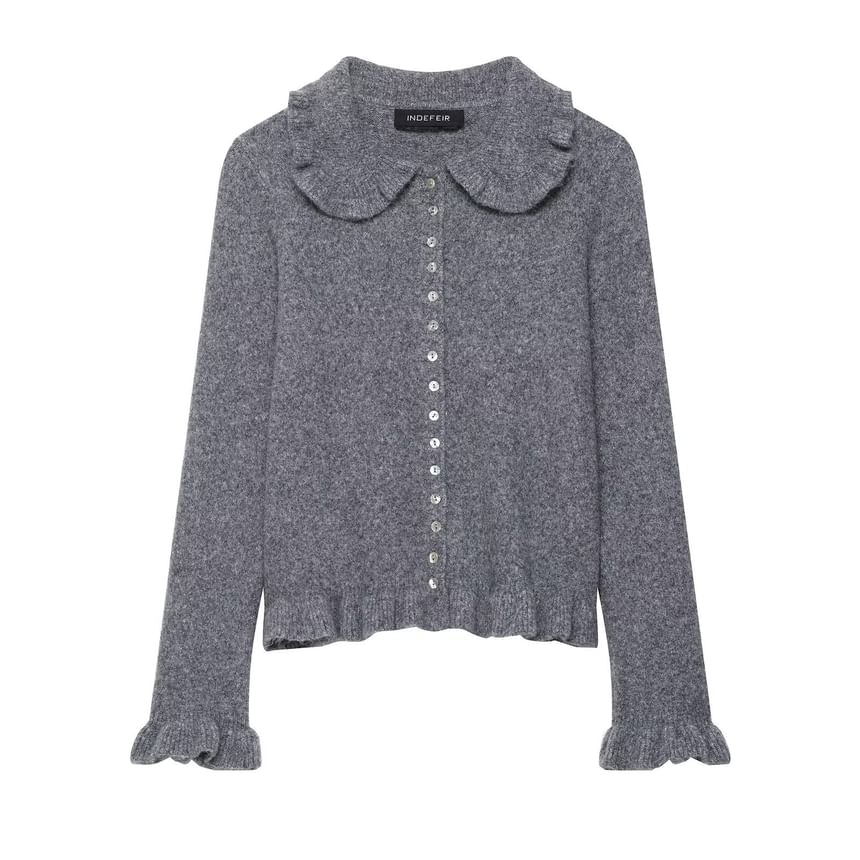 Long Sleeve Peter Pan Collar Plain Ruffled-Trim Cardigan