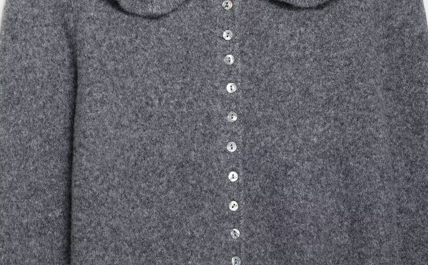 Long Sleeve Peter Pan Collar Plain Ruffled-Trim Cardigan