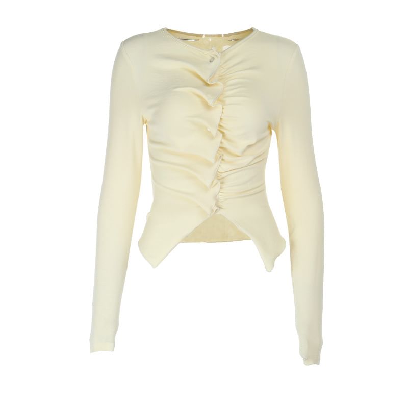 Long Sleeve Plain Ruffled Asymmetric Hem Slim-Fit Cardigan