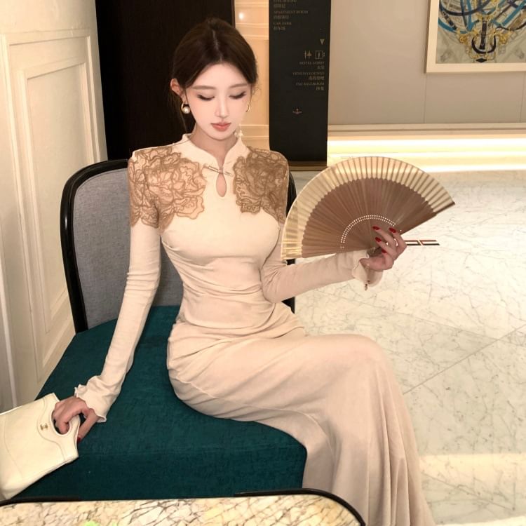 Long-Sleeve Stand Collar Lace Panel Ruched Maxi Mermaid Knit Dress