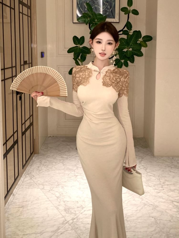 Long-Sleeve Stand Collar Lace Panel Ruched Maxi Mermaid Knit Dress