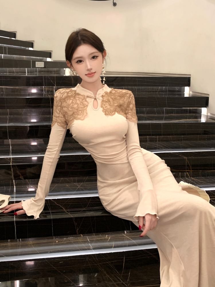 Long-Sleeve Stand Collar Lace Panel Ruched Maxi Mermaid Knit Dress