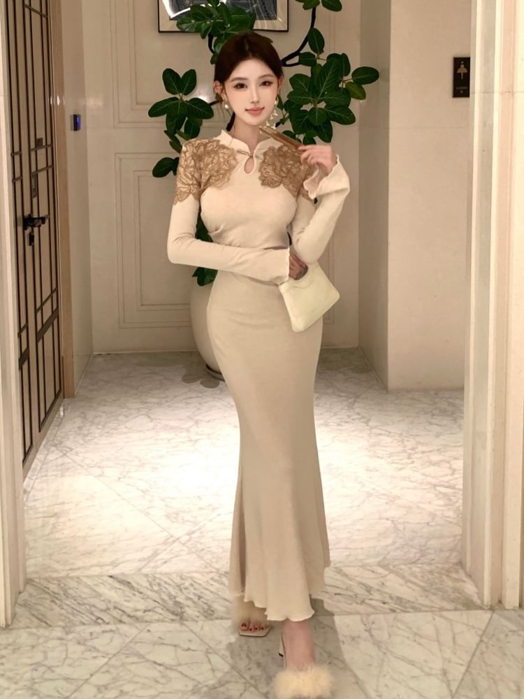 Long-Sleeve Stand Collar Lace Panel Ruched Maxi Mermaid Knit Dress