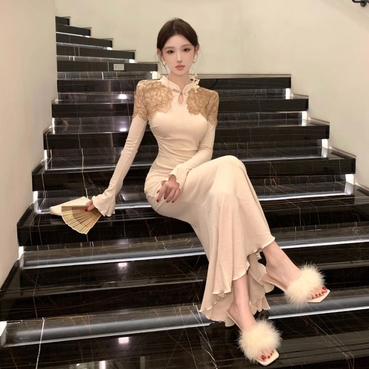 Long-Sleeve Stand Collar Lace Panel Ruched Maxi Mermaid Knit Dress
