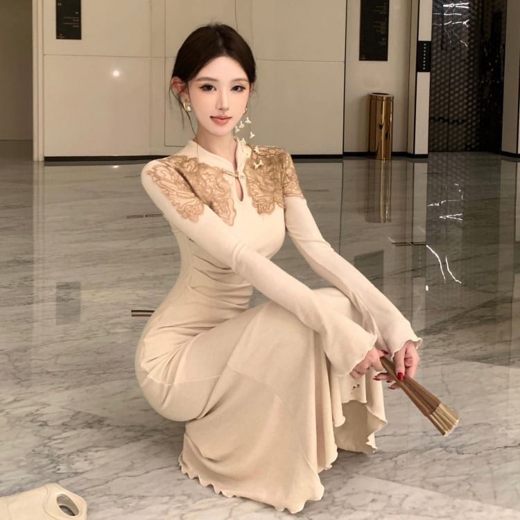 Long-Sleeve Stand Collar Lace Panel Ruched Maxi Mermaid Knit Dress