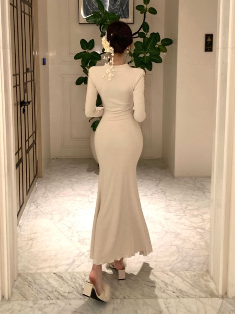 Long-Sleeve Stand Collar Lace Panel Ruched Maxi Mermaid Knit Dress