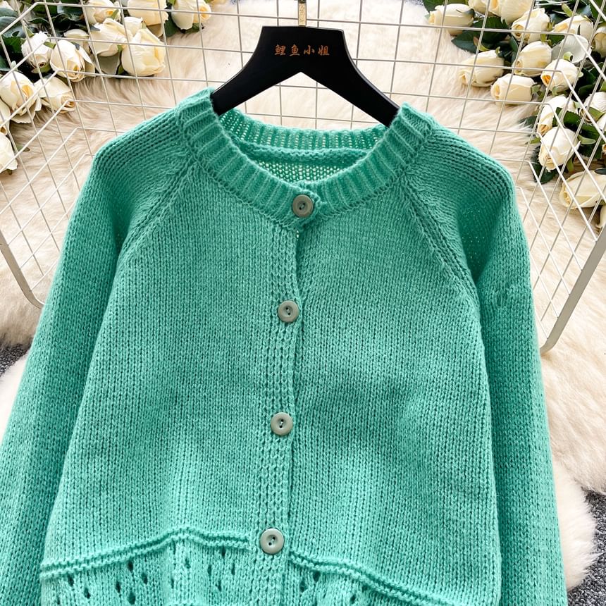 Crewneck Button-Up Plain Cardigan