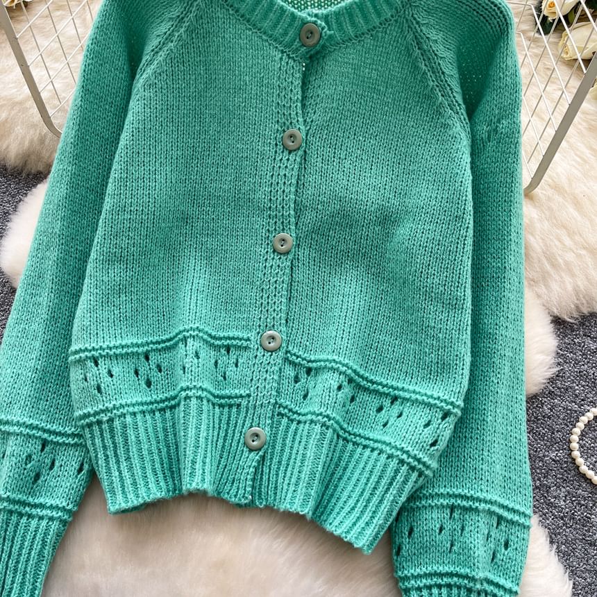 Crewneck Button-Up Plain Cardigan