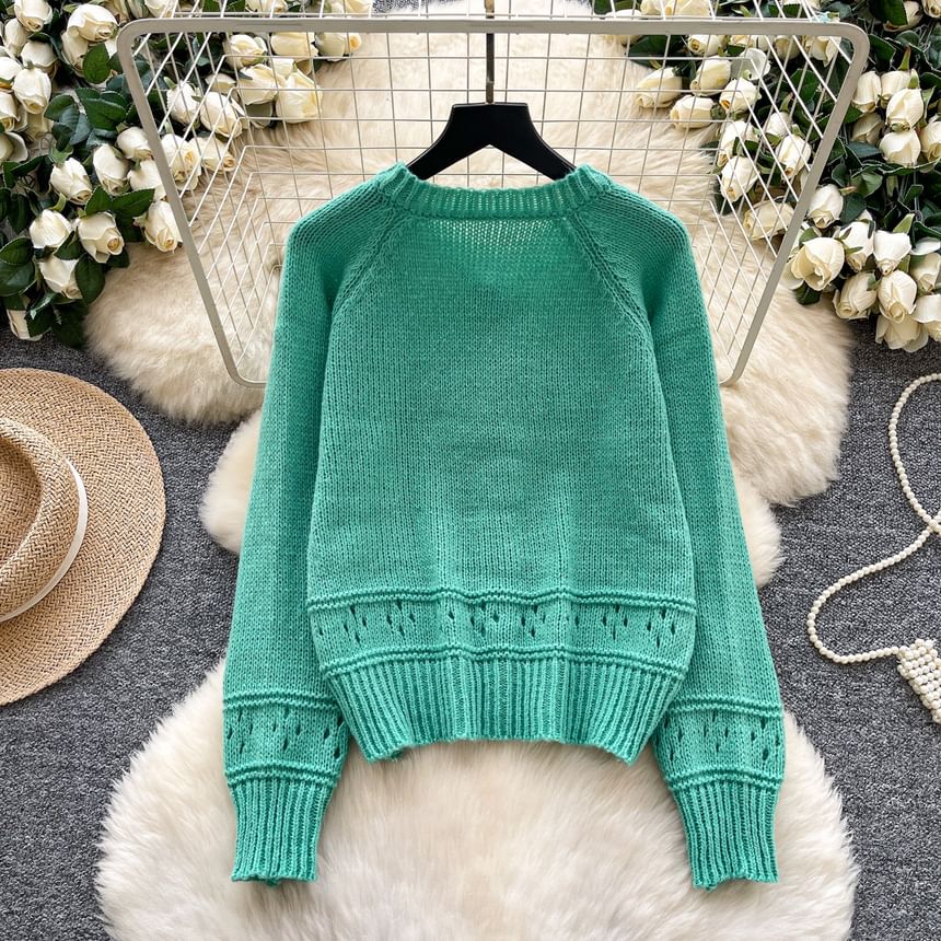 Crewneck Button-Up Plain Cardigan