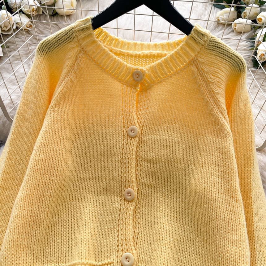 Crewneck Button-Up Plain Cardigan