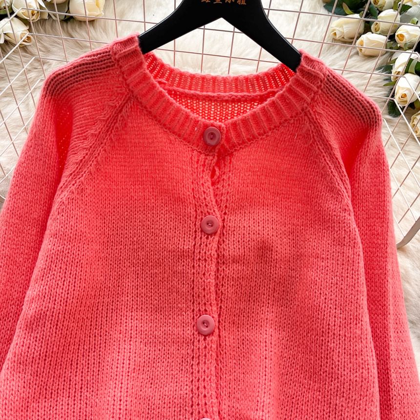 Crewneck Button-Up Plain Cardigan