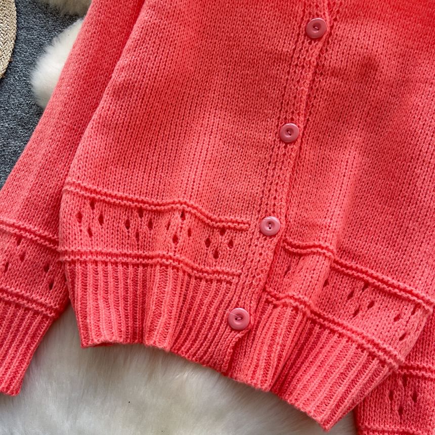 Crewneck Button-Up Plain Cardigan